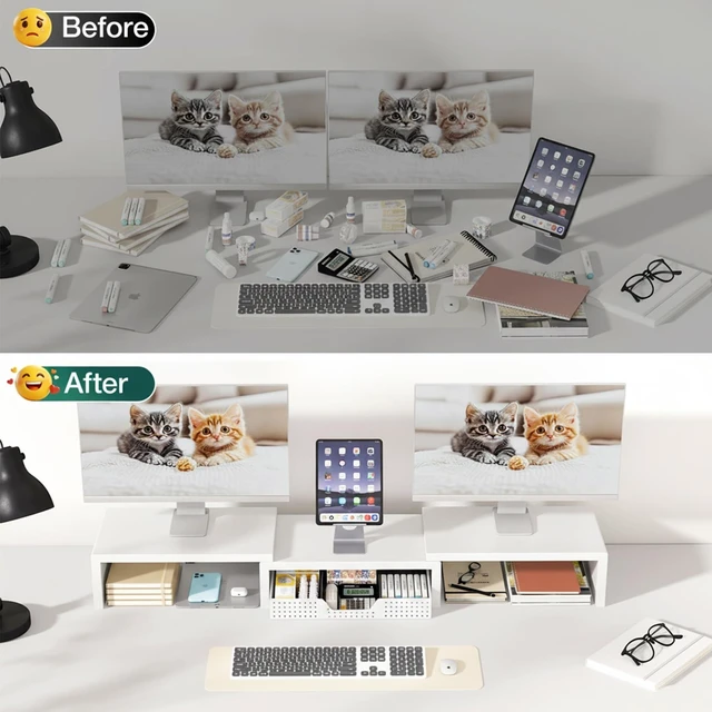 Alt view image 10 of 10 - OPNICE Desk Organizer, Dual Computer Monitor Stand Riser with Drawer, Office Desk Accessories & Workspace Organizers, White