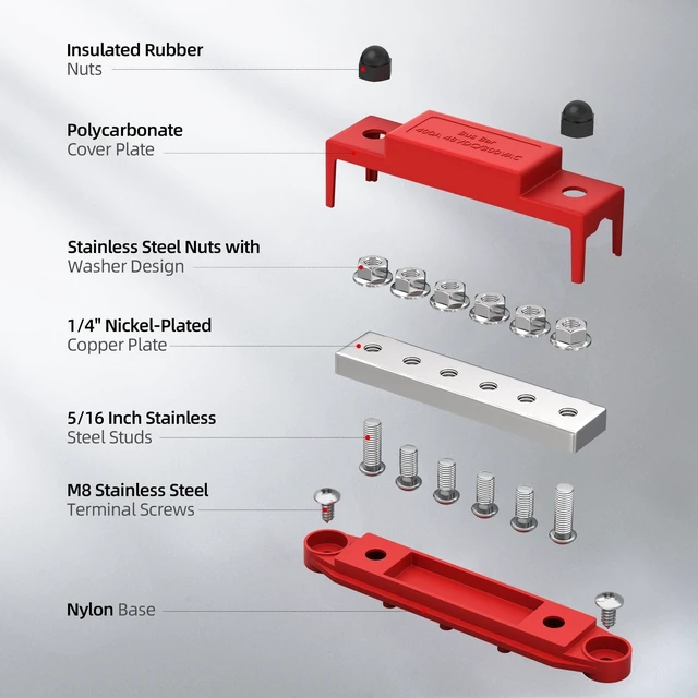 Alt view image 8 of 10 - RVMARINEPAT 400A 12V 24V 48V Bus Bar with 6 x 5/16" (M8) Studs, Heavy Duty Power Distribution Block & Battery Terminal Kit with 6 Lugs for Inverter, Solar, Marine, RV (Red & Black Pair)