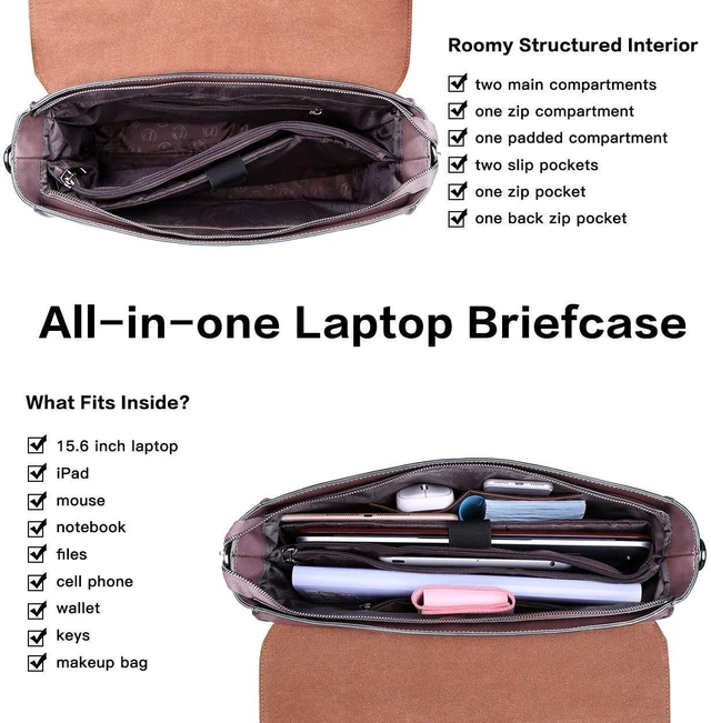 Alt view image 10 of 10 - EaseGave Women's 15.6 Inch Laptop Briefcase, Vintage Purple Saffiano Eco-Leather, 4 Large Compartments, 2 Slip Pockets, 1 Zip-Fastening Pocket