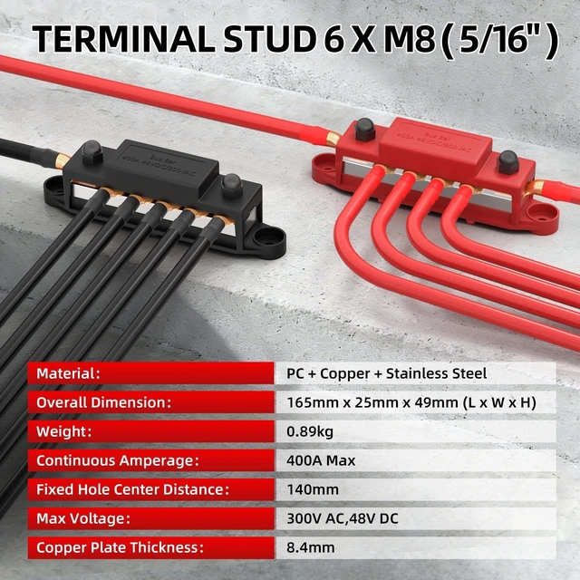 Alt view image 10 of 10 - RVMARINEPAT 400A 12V 24V 48V Bus Bar with 6 x 5/16" (M8) Studs, Heavy Duty Power Distribution Block & Battery Terminal Kit with 6 Lugs for Inverter, Solar, Marine, RV (Red & Black Pair)