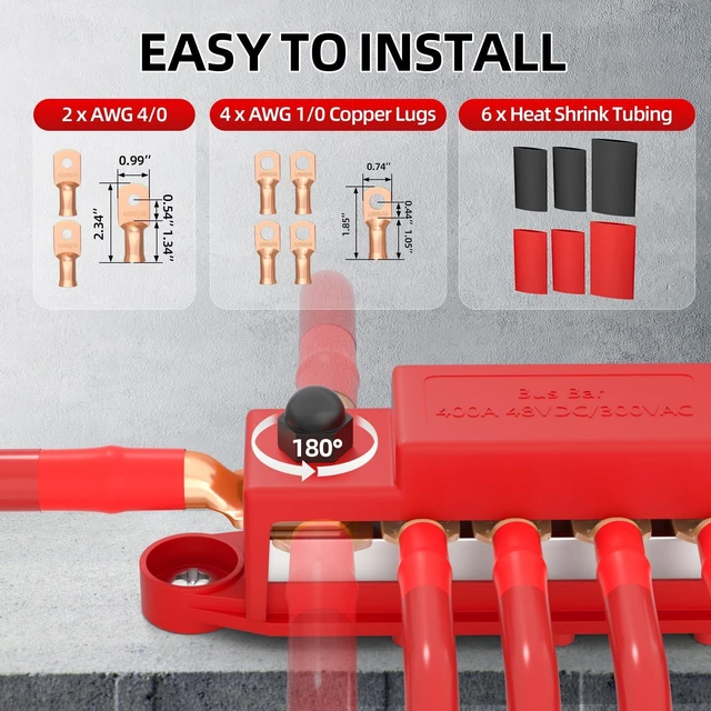 Alt view image 9 of 10 - RVMARINEPAT 400A 12V 24V 48V Bus Bar with 6 x 5/16" (M8) Studs, Heavy Duty Power Distribution Block & Battery Terminal Kit with 6 Lugs for Inverter, Solar, Marine, RV (Red & Black Pair)