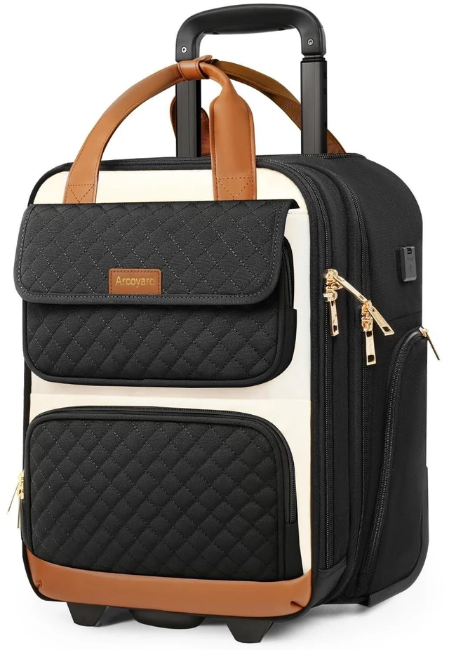 Alt view image 6 of 10 - Underseat Carry On Luggage with Wheels, Airline Approved Personal Item Bag, 16-Inch Multi-functional Rolling Laptop Bag, Lightweight Overnight Suitcase for Women, Bussiness, Travel, Beige Brown