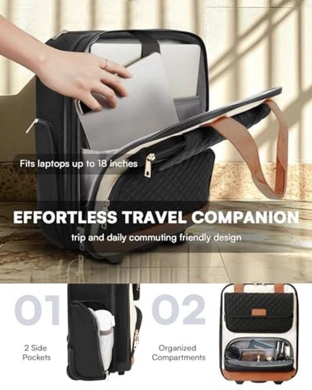 Alt view image 8 of 10 - Underseat Carry On Luggage with Wheels, Airline Approved Personal Item Bag, 16-Inch Multi-functional Rolling Laptop Bag, Lightweight Overnight Suitcase for Women, Bussiness, Travel, Beige Brown