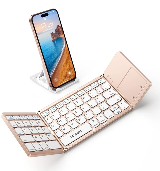 Alt view image 6 of 10 - Samsers Foldable Bluetooth Keyboard with Touchpad - Portable Wireless Keyboard with Holder, Rechargeable Full Size Ultra Slim Pocket Folding Keyboards for Android Windows iOS Tablet & Laptop - Pink