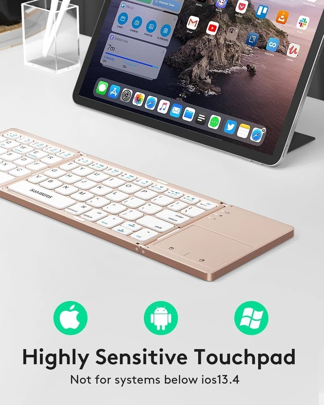 Alt view image 7 of 10 - Samsers Foldable Bluetooth Keyboard with Touchpad - Portable Wireless Keyboard with Holder, Rechargeable Full Size Ultra Slim Pocket Folding Keyboards for Android Windows iOS Tablet & Laptop - Pink