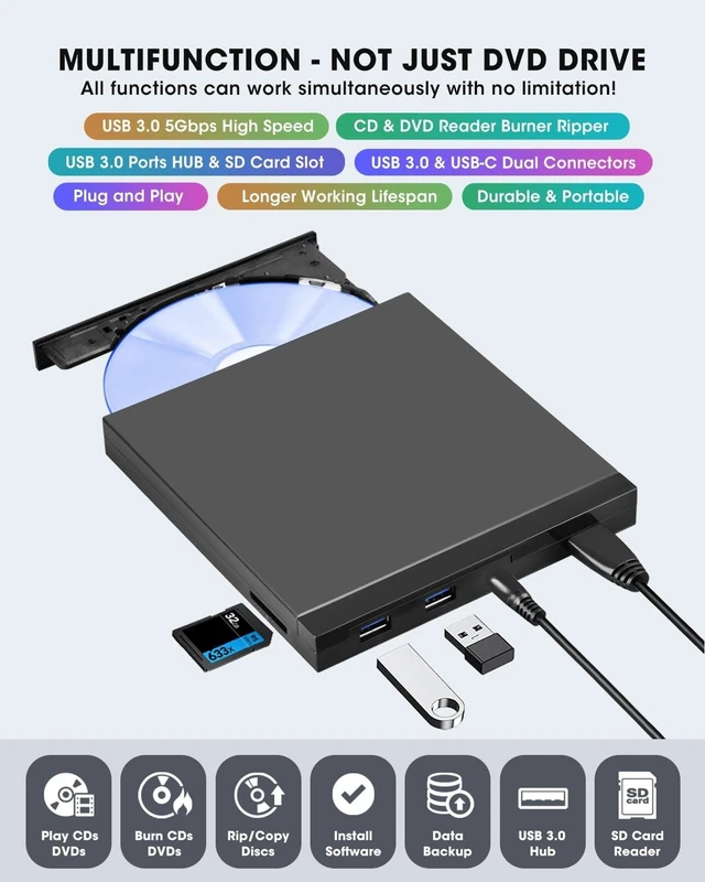 Alt view image 7 of 10 - ROOFULL 5 in 1 External CD/DVD Drive with SD Card Slot & USB 3.0 Ports, USB-C Optical Disk Reader Writer CD Burner DVD Player for Windows 11/10 Laptop, Mac MacBook, Linux PC Desktop Computer
