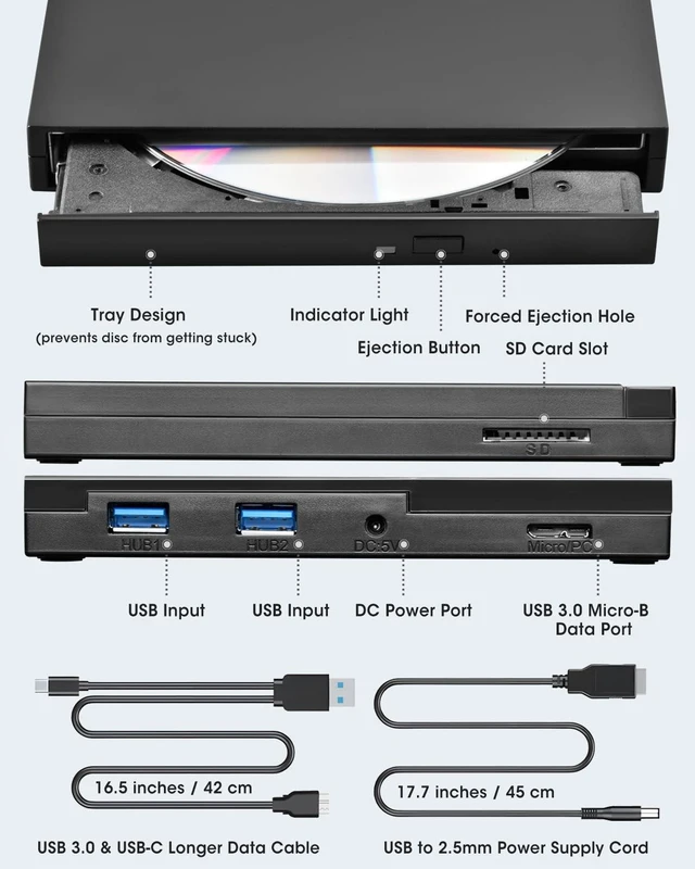 Alt view image 8 of 10 - ROOFULL 5 in 1 External CD/DVD Drive with SD Card Slot & USB 3.0 Ports, USB-C Optical Disk Reader Writer CD Burner DVD Player for Windows 11/10 Laptop, Mac MacBook, Linux PC Desktop Computer