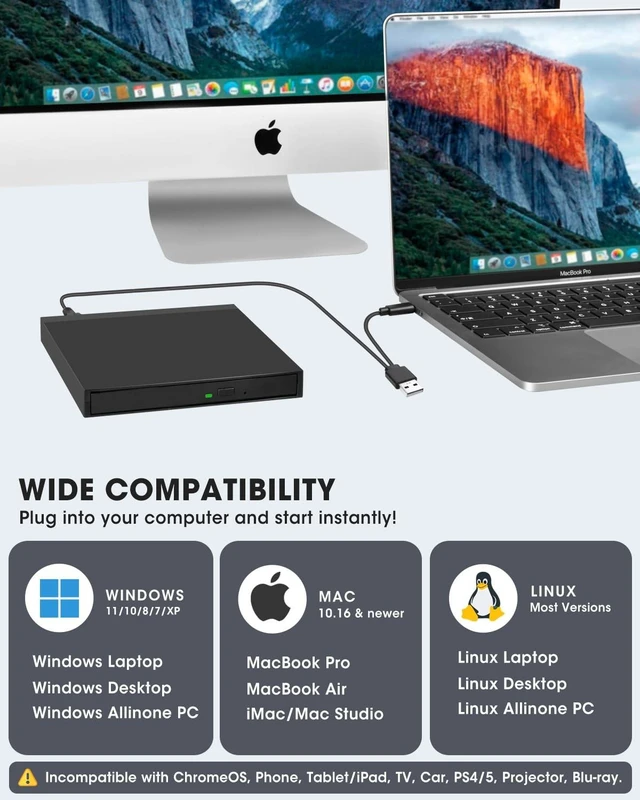 Alt view image 10 of 10 - ROOFULL 5 in 1 External CD/DVD Drive with SD Card Slot & USB 3.0 Ports, USB-C Optical Disk Reader Writer CD Burner DVD Player for Windows 11/10 Laptop, Mac MacBook, Linux PC Desktop Computer
