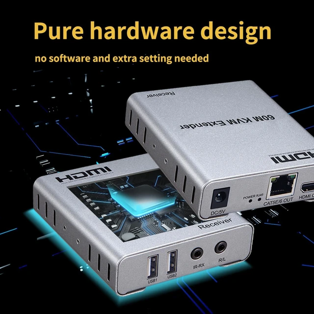 Alt view image 10 of 10 - 196FT HDMI KVM USB Extender with Loop Out and IR Control, BolAAzuL HDMI KVM Extender Kit Balun 1080P 60Hz Over Cat5e/6 Ethernet Cable for USB Keyboard Mouse (TX and RX)