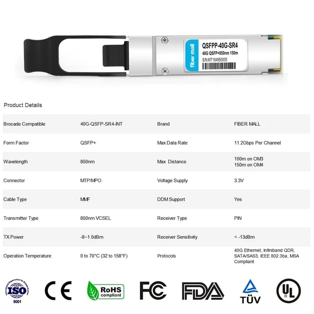 Alt view image 7 of 10 - 40G QSFP+ SR for Brocade 40G-QSFP-SR4-INT,40GBASE-SR4 QSFP+ 850nm 150m MTP/MPO DOM Optical Transceiver Module