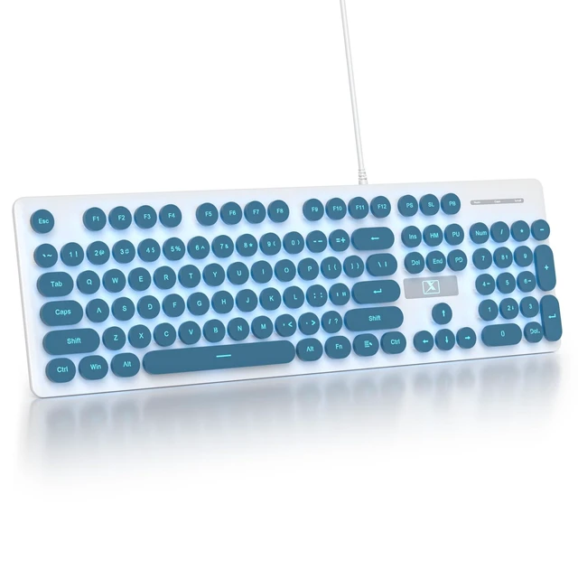 Alt view image 6 of 10 - surmen Cute Quiet Keyboard Blue Wired Typewriter Keyboard, Light Up Backlit PC Keyboards with Retro Round Keys Full Size 104 Keys for Office Computer (Blue)