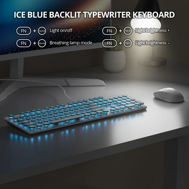 Alt view image 7 of 10 - surmen Cute Quiet Keyboard Blue Wired Typewriter Keyboard, Light Up Backlit PC Keyboards with Retro Round Keys Full Size 104 Keys for Office Computer (Blue)