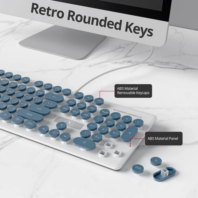 Alt view image 8 of 10 - surmen Cute Quiet Keyboard Blue Wired Typewriter Keyboard, Light Up Backlit PC Keyboards with Retro Round Keys Full Size 104 Keys for Office Computer (Blue)