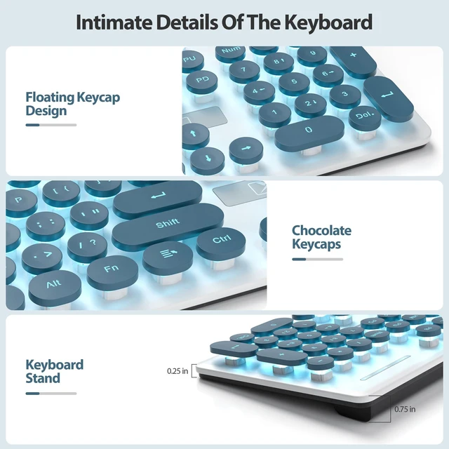 Alt view image 9 of 10 - surmen Cute Quiet Keyboard Blue Wired Typewriter Keyboard, Light Up Backlit PC Keyboards with Retro Round Keys Full Size 104 Keys for Office Computer (Blue)