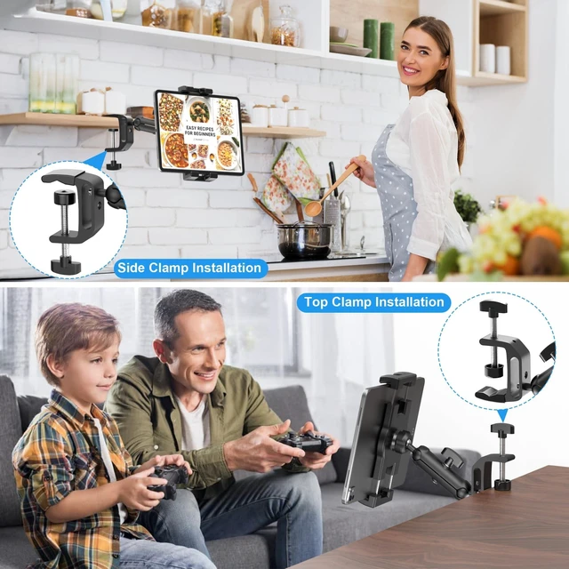 Alt view image 7 of 10 - TeQable iPad Under Cabinet Mount, Kitchen Tablet Mount Holder, iPad Desk Mount w/Clamp, Aluminum Base&Metal Arm, 360 Rotation, Compatible with 4.7"-12.9" iPad Pro/Air/Mini/Kindles/Galaxy Tab/Phones