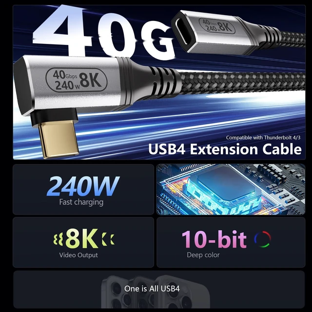 Alt view image 7 of 10 - KMMXXCPM 6.6FT USBC Extension Cable Right Angle Compatible with Thunderbolt 4/3,USB4 40Gbps Data Transfer,90 Degree USB C Male to Female Cable,Type C Extension 240W Fast Charging,8K/4K Video Display.