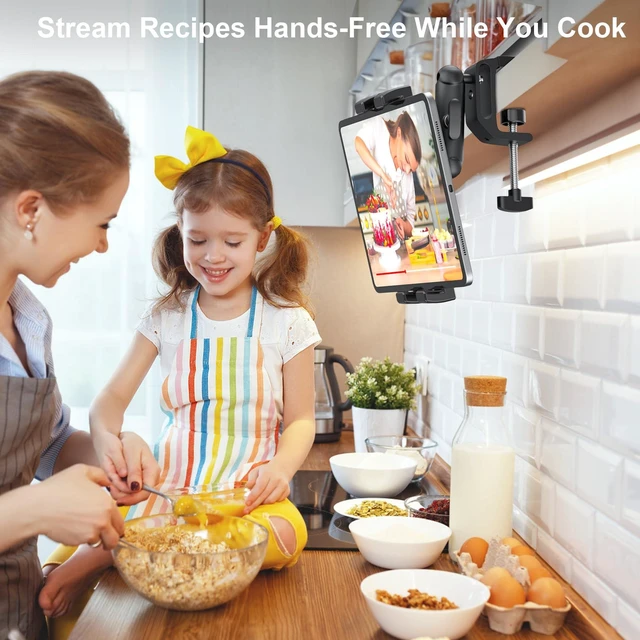 Alt view image 8 of 10 - TeQable iPad Under Cabinet Mount, Kitchen Tablet Mount Holder, iPad Desk Mount w/Clamp, Aluminum Base&Metal Arm, 360 Rotation, Compatible with 4.7"-12.9" iPad Pro/Air/Mini/Kindles/Galaxy Tab/Phones