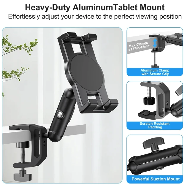 Alt view image 9 of 10 - TeQable iPad Under Cabinet Mount, Kitchen Tablet Mount Holder, iPad Desk Mount w/Clamp, Aluminum Base&Metal Arm, 360 Rotation, Compatible with 4.7"-12.9" iPad Pro/Air/Mini/Kindles/Galaxy Tab/Phones