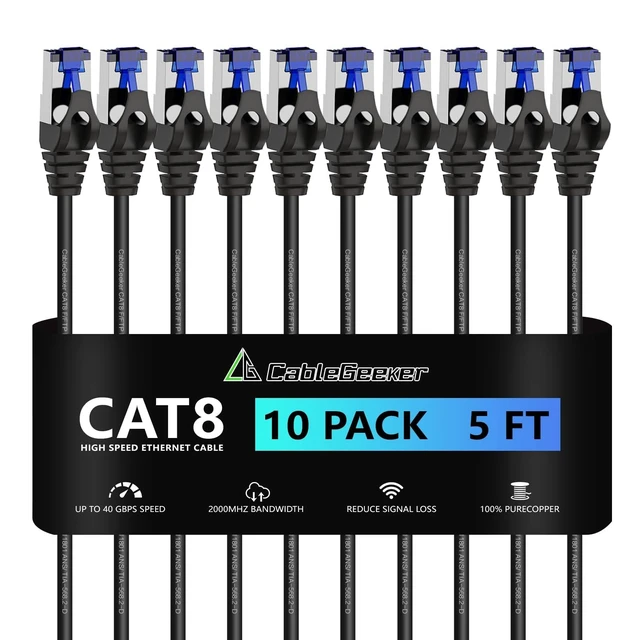 Alt view image 6 of 10 - CableGeeker Patch Cables Cat8 5ft 10 Pack Slim, Cat8 Ethernet Patch Cable 40G 2000MHz Support, Snagless RJ45 Cat 8 Patch Cable for Patch Panel to Switch, Flexiable Network Cable - 5 Feet Black