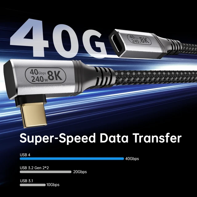 Alt view image 9 of 10 - KMMXXCPM 6.6FT USBC Extension Cable Right Angle Compatible with Thunderbolt 4/3,USB4 40Gbps Data Transfer,90 Degree USB C Male to Female Cable,Type C Extension 240W Fast Charging,8K/4K Video Display.