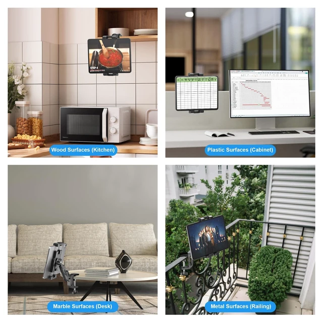 Alt view image 10 of 10 - TeQable iPad Under Cabinet Mount, Kitchen Tablet Mount Holder, iPad Desk Mount w/Clamp, Aluminum Base&Metal Arm, 360 Rotation, Compatible with 4.7"-12.9" iPad Pro/Air/Mini/Kindles/Galaxy Tab/Phones