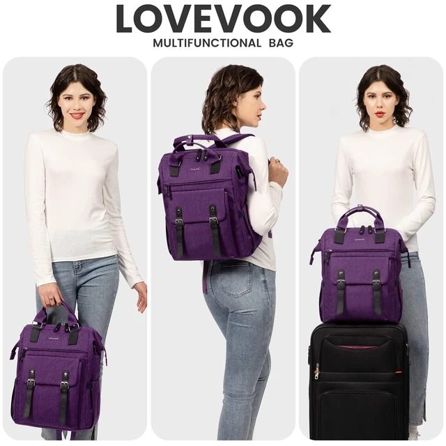 Alt view image 7 of 10 - LOVEVOOK Laptop Backpack for Women Work Travel Backpack, Teacher Doctor Nurse Bags College Backpack Purse, Business Commuter Computer Laptop Bag, 17 Inch, Dark Purple-black