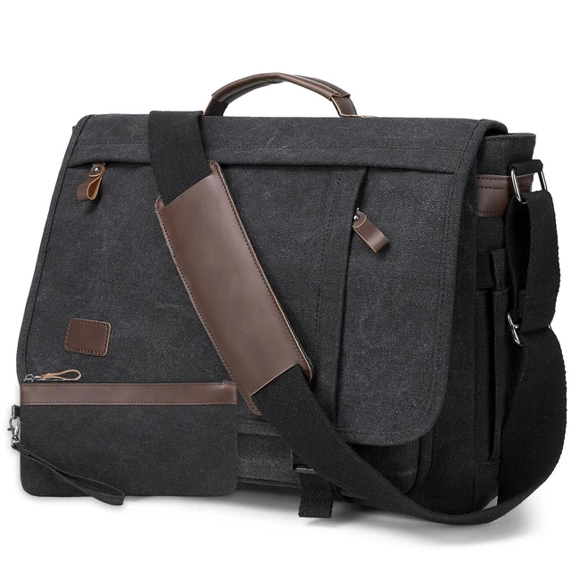 Alt view image 6 of 10 - 17.3 Inch Messenger Bag for Men: 2PCS Laptop Work PU Leather Canvas Briefcase Carry On Large Computer for Office College Travel (Black)