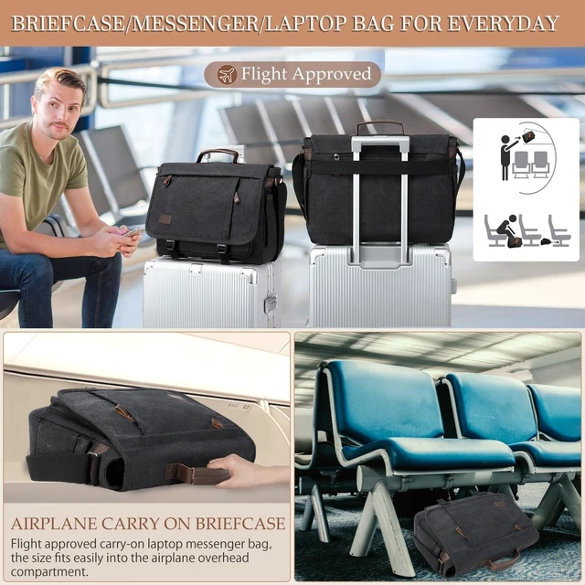 Alt view image 9 of 10 - 17.3 Inch Messenger Bag for Men: 2PCS Laptop Work PU Leather Canvas Briefcase Carry On Large Computer for Office College Travel (Black)