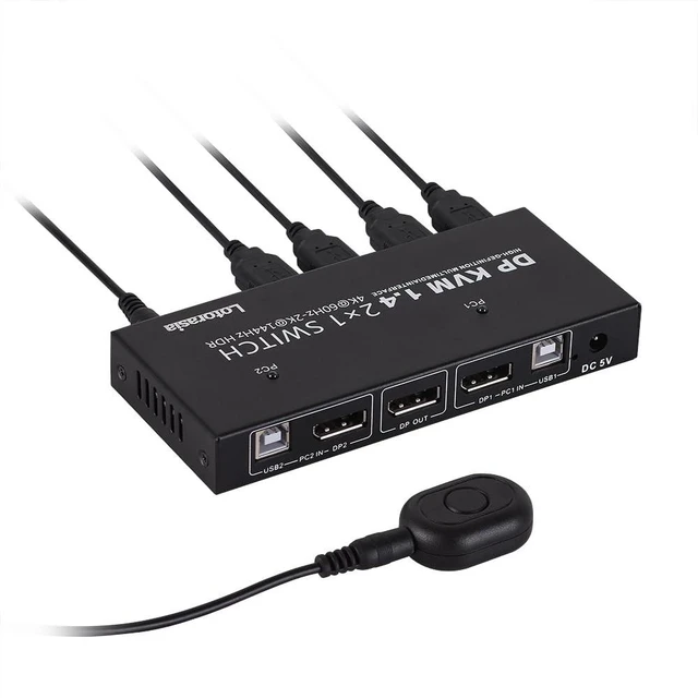 Alt view image 6 of 10 - Displayport KVM Switch 1 Monitor 2 Computers, 4K@60Hz DP KVM Switch 2 in 1 Out USB KVM Switcher with 4 USB Ports, Include Desktop Controller, 2 USB Cables and Power Adapter