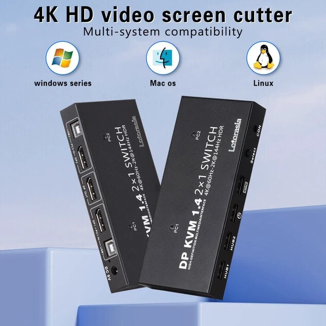 Alt view image 10 of 10 - Displayport KVM Switch 1 Monitor 2 Computers, 4K@60Hz DP KVM Switch 2 in 1 Out USB KVM Switcher with 4 USB Ports, Include Desktop Controller, 2 USB Cables and Power Adapter