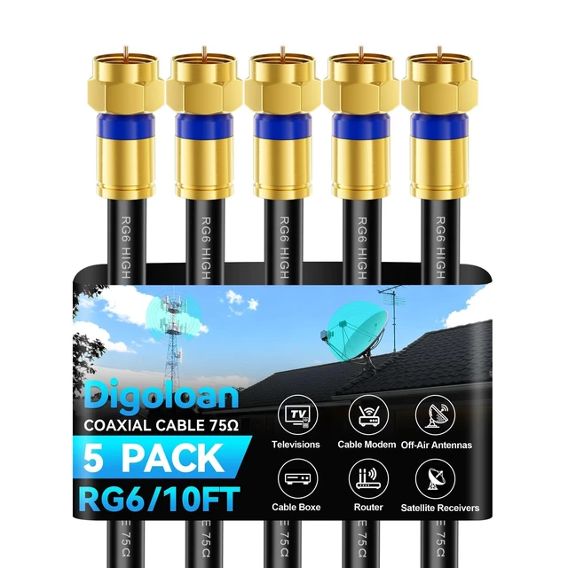 Alt view image 6 of 10 - Digoloan Coaxial Cable 10ft 5 Pack, RG6 Coax Cable Cord Extender with Gold F-Type Connector, High Speed Internet Wire for HD TV, Modem, Digital Antenna, Satellite-Black