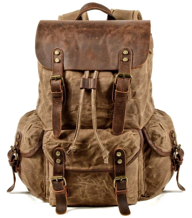Alt view image 6 of 10 - WUDON Leather Backpack for Men, Waxed Canvas Shoulder Rucksack Carry-On Travel Backpack (Khaki)