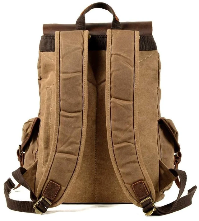 Alt view image 7 of 10 - WUDON Leather Backpack for Men, Waxed Canvas Shoulder Rucksack Carry-On Travel Backpack (Khaki)