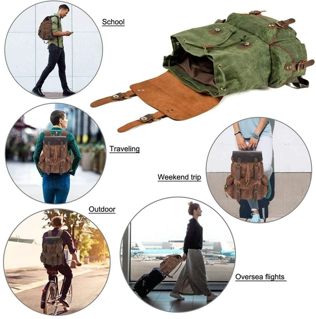 Alt view image 8 of 10 - WUDON Leather Backpack for Men, Waxed Canvas Shoulder Rucksack Carry-On Travel Backpack (Khaki)