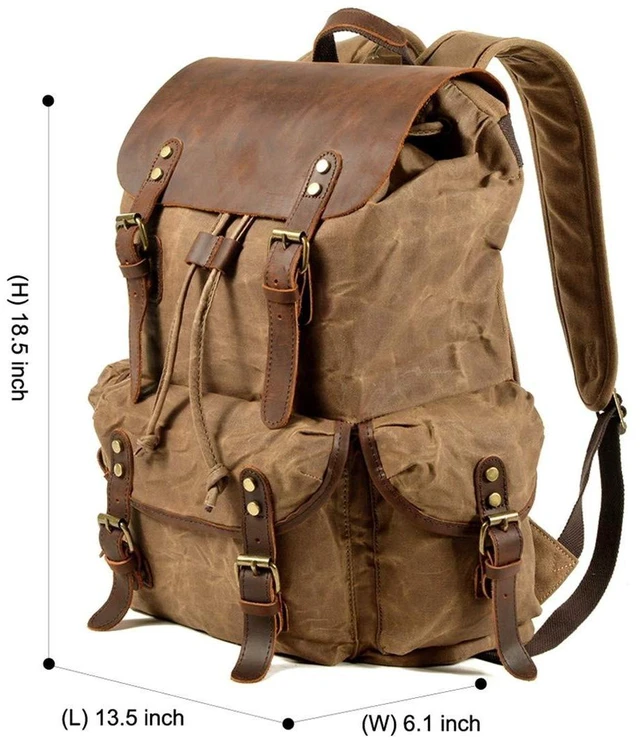 Alt view image 9 of 10 - WUDON Leather Backpack for Men, Waxed Canvas Shoulder Rucksack Carry-On Travel Backpack (Khaki)