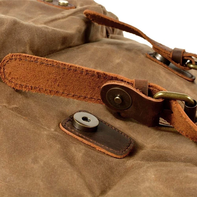 Alt view image 10 of 10 - WUDON Leather Backpack for Men, Waxed Canvas Shoulder Rucksack Carry-On Travel Backpack (Khaki)