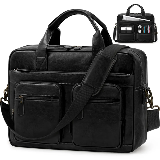 Alt view image 6 of 10 - RAINSMORE Vintage Messenger Bag for Men PU Vegan Leather Computer Laptop Bag 15.6 Inch Waterproof Briefcases for Men Retro Mens Briefcase Satchel Bag for Work Office Business Travel Black