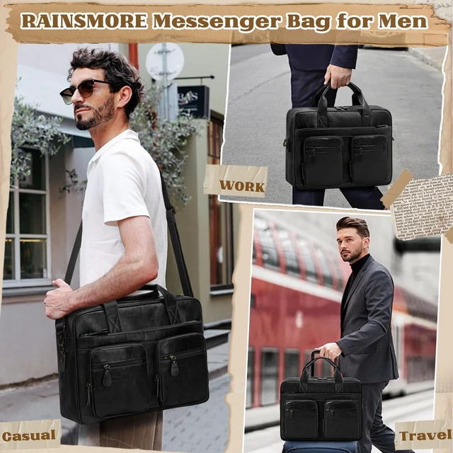 Alt view image 7 of 10 - RAINSMORE Vintage Messenger Bag for Men PU Vegan Leather Computer Laptop Bag 15.6 Inch Waterproof Briefcases for Men Retro Mens Briefcase Satchel Bag for Work Office Business Travel Black