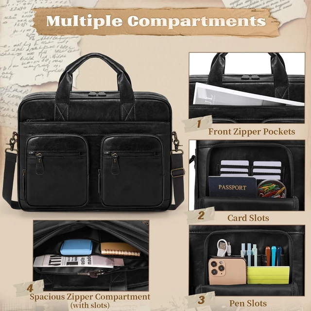 Alt view image 8 of 10 - RAINSMORE Vintage Messenger Bag for Men PU Vegan Leather Computer Laptop Bag 15.6 Inch Waterproof Briefcases for Men Retro Mens Briefcase Satchel Bag for Work Office Business Travel Black