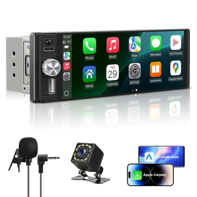 Alt view image 6 of 10 - Single Din Radio Car Stereo with Apple CarPlay & Android Auto, 6.28 Inch HD Touch CarPlay Screen, Backup Cam,Bluetooth, MP5,USB Type-C, SWC, EQ, FM Radio (with External Mic)