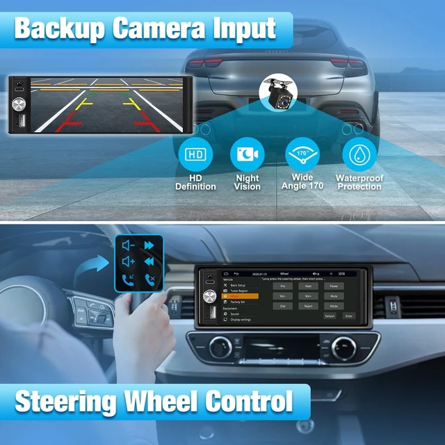 Alt view image 9 of 10 - Single Din Radio Car Stereo with Apple CarPlay & Android Auto, 6.28 Inch HD Touch CarPlay Screen, Backup Cam,Bluetooth, MP5,USB Type-C, SWC, EQ, FM Radio (with External Mic)