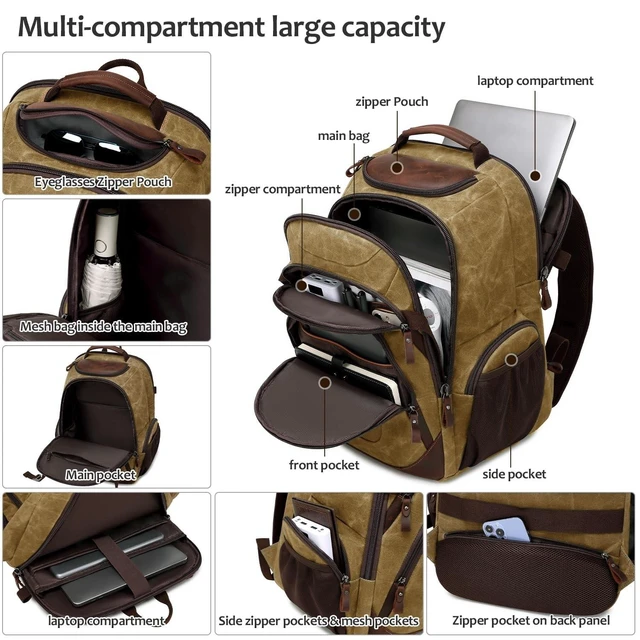 Alt view image 8 of 10 - SHENHU Travel Laptop Backpack 17.3 inch XL Computer Backpack for Men Waxed Canvas College Daypack Business Backpack Brown