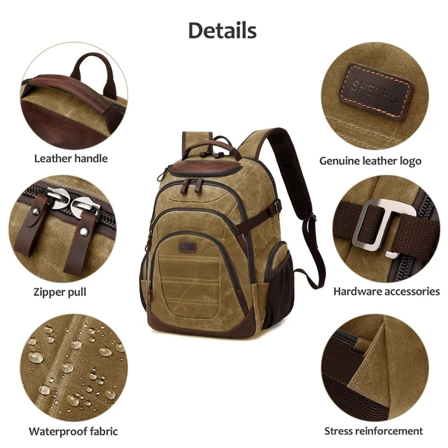 Alt view image 10 of 10 - SHENHU Travel Laptop Backpack 17.3 inch XL Computer Backpack for Men Waxed Canvas College Daypack Business Backpack Brown