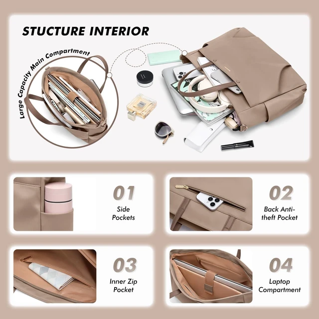 Alt view image 9 of 10 - Laptop Tote Bag 15.6 Inch, Computer Shoulder Bag Large Work Tote Bag for Women, Laptop Carrying Case Stylish Handbag for Business Travel (Champagne)