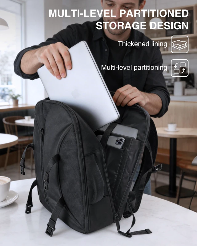 Alt view image 9 of 10 - Moysoon TSA-Friendly Travel Backpack with Laptop Compartment, 30L Carry-On Backpack for Men & Women, 180 Lay-Flat Design, Waterproof & Durable 1000D Oxford, Fits 15.6" Laptop