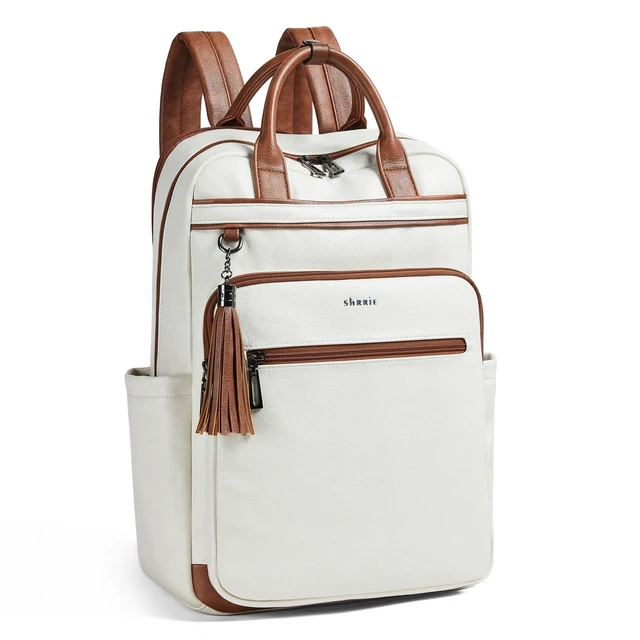 Alt view image 6 of 10 - Shrrie Laptop Backpack for Women 15.6 inch Travel Leather Backpack Purse Work Computer Backpacks for Business College Beige