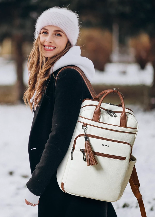 Alt view image 7 of 10 - Shrrie Laptop Backpack for Women 15.6 inch Travel Leather Backpack Purse Work Computer Backpacks for Business College Beige