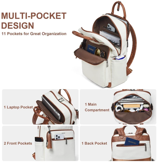Alt view image 8 of 10 - Shrrie Laptop Backpack for Women 15.6 inch Travel Leather Backpack Purse Work Computer Backpacks for Business College Beige