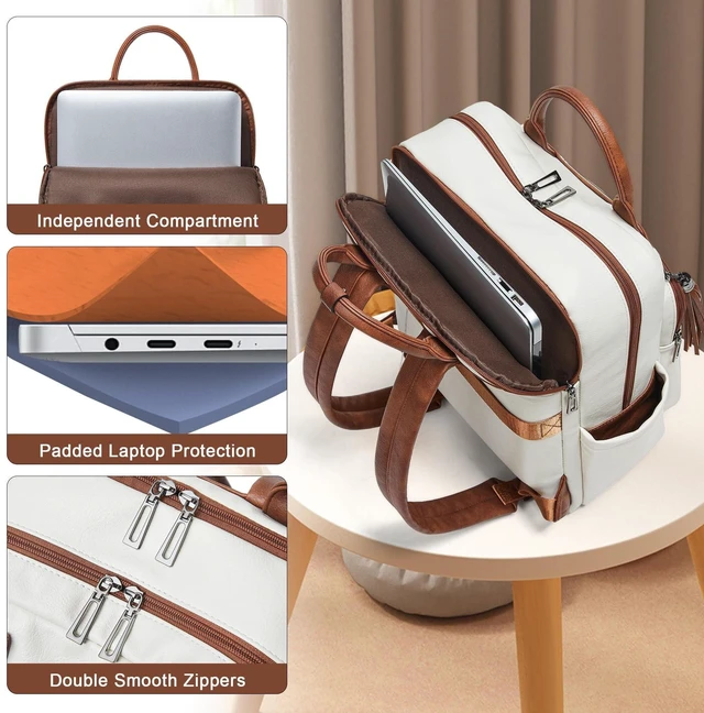 Alt view image 9 of 10 - Shrrie Laptop Backpack for Women 15.6 inch Travel Leather Backpack Purse Work Computer Backpacks for Business College Beige