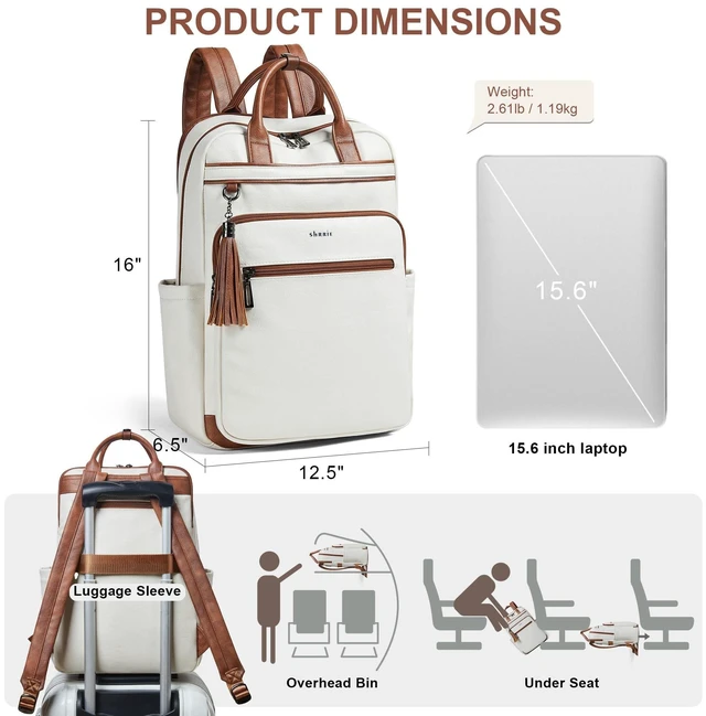 Alt view image 10 of 10 - Shrrie Laptop Backpack for Women 15.6 inch Travel Leather Backpack Purse Work Computer Backpacks for Business College Beige